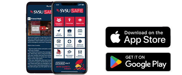 SVSU Safe App Featured with Apple and Google Play Icons